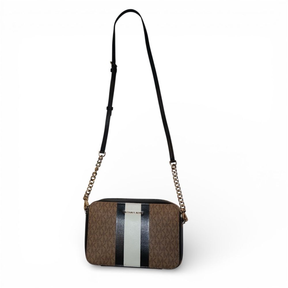 Michael Kors Jet Set Medium Camera Bag brown leather, canvas with logo, stripes